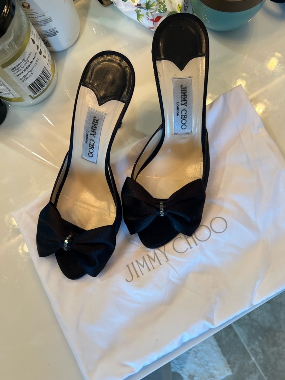 Jimmy Choo Black Satin Bow Peep-Toe Slingback Heels with Crystal Accent